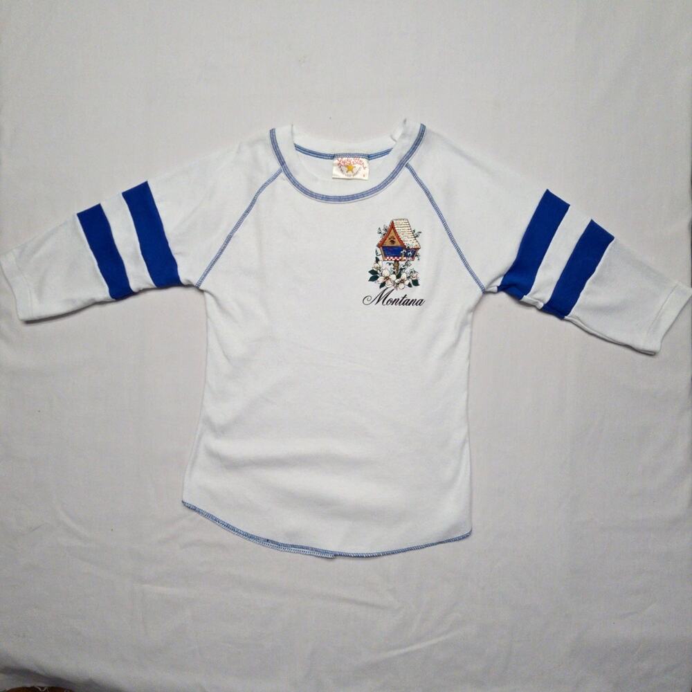 Vintage Montana Shirt White Blue Stripes Womens Small 3/4 Sleeve Boho Tee